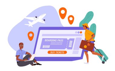 İnsanlar uçak bileti alıyor. Kadın ve erkek uçağın arka planında dizüstü bilgisayarın yanında oturuyor. Tatil ve tatilde gezginler ve turistler. Çizgi film düz vektör çizimi beyaz arkaplanda izole edildi