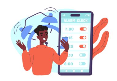Sabah konseptinde saat. Akıllı telefon alarmlı bir adam. Doğru günlük rejim ve rutin, sağlıklı yaşam tarzı. Mobil uygulama. Çizgi film düz vektör çizimi beyaz arkaplanda izole edildi