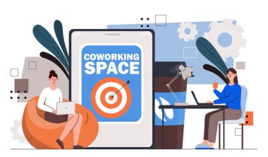Ortak çalışma alanındaki insanlar. İki kadın iş yerinde bilgisayar ve dizüstü bilgisayarlarıyla oturuyor. Ortaklar ve meslektaşlar ortak bir projede çalışıyorlar. Modern ofis. Çizgi film düz vektör çizimi