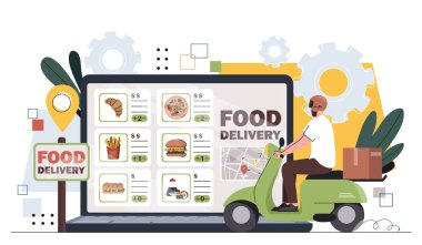 Yemek servisi konsepti. Scooter 'da kurye, dijital tabletin yanında. Fast food ve paket yemek. Patates kızartması ve hamburger. Çizgi film düz vektör çizimi beyaz arkaplanda izole edildi