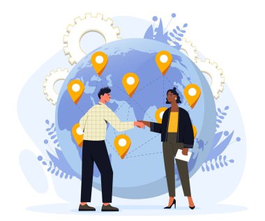 Küresel ortaklık. GPS iğneli bir adam ve kadın. Küreselleşme, uluslararası ticaret ve ulaşım. İşbirliği ve işbirliği. Çizgi film düz vektör çizimi