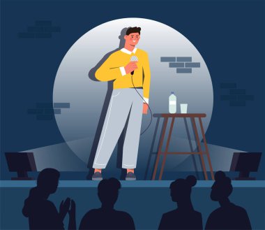 Stand-up komedi konsepti. Olay yerinde ve sahnede mikrofonlu bir adam var. Espri ve şakalar. Kültürel dinlenme ve eğlence etkinliği. Komedyen gösterisinde Standuper. Çizgi film düz vektör çizimi
