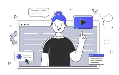 Basit çevrimiçi konferans giyin. Uzaktan eğitim ve öğrenme. Öğretmenlik dersi ya da internet dersi. Kurs ve master sınıfı. Beyaz arkaplanda karalama düz vektör çizimi izole