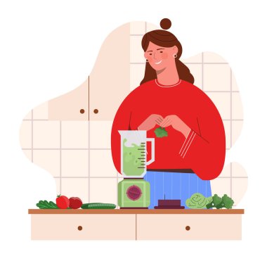 Sebze püresi hazırlıyorum. Doğal ve organik ürünleri olan bir kadın. Sağlıklı içecek hazırlamak için blender. Düzgün beslenme ve beslenme. Çizgi film düz vektör çizimi beyaz arkaplanda izole edildi