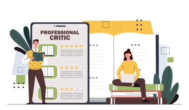 Professional critic concept. Man and woman with tablets write reviews for films and movies, series and TV show. Freelancers and remote workers earnings online. Cartoon flat vector illustration clipart
