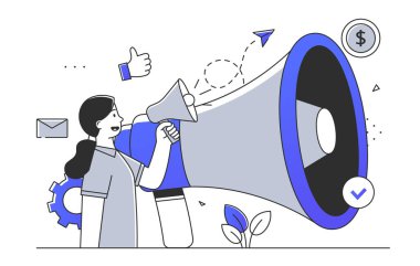 Profesyonel konuşmacı kadın, basit. Hoparlörlü genç kız. Seo ve SMM pazarlama uzmanı. İnternette promosyon. Beyaz arkaplanda karalama düz vektör çizimi izole