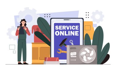 Hizmet işçisi konsepti. İngiliz anahtarı ve çekici olan üniformalı bir kadın. Tamir ve yenileme ekipmanlarıyla dolu bir alet çantası. Çizgi film düz vektör çizimi beyaz arkaplanda izole edildi