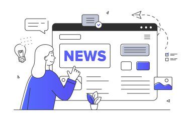 Haber sayfası karalaması olan kadın. Bilgi ve bilgiye sahip bir web sitesi yakınında genç bir kız. Propaganda ve bilgilendirme. Basit düz vektör çizimi beyaz arkaplanda izole edildi