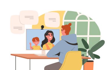 Adam aileyle iletişim kuruyor. Video görüşmesi ya da konferans, uzaktan iletişim ve etkileşim. Anne ve oğul kocasına söyler. Çizgi film düz vektör çizimi beyaz arkaplanda izole edildi