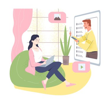 Çevrimiçi tasarımcılar kursları basit. Kadın, erkekten video izliyor. Eğitim ve eğitim. Dersi olan serbest çalışan ve uzaktan çalışan biri. Beyaz arkaplanda karalama düz vektör çizimi izole