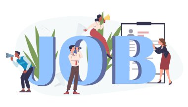 İnsanları işe alma konsepti. Büyük mavi harfli kadın ve erkekler. Kelle avcılığı ve adam toplama. İşsizler için istihdam. Çizgi film düz vektör çizimi beyaz arkaplanda izole edildi