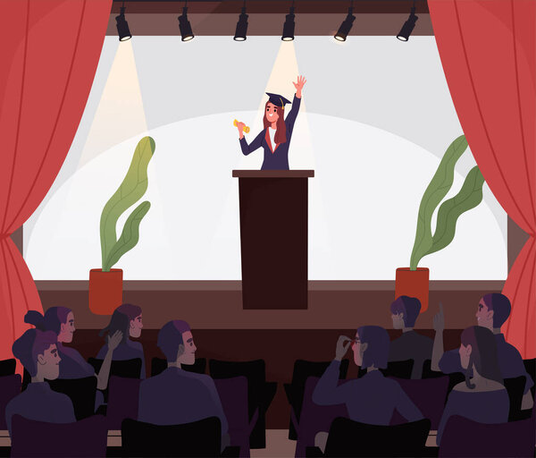 Женщина с выпускной концепцией. Молодая девушка в черном пальто и шляпе с сертификатом и дипломом. Образование, обучение и обучение. Молодой специалист на сцене. Мультфильм с плоским вектором