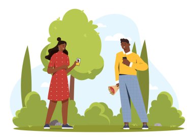 Tanışma randevusu konsepti. Akıllı telefonları olan kadın ve erkek. Sosyal ağlarda ve mesajlarda iletişim. Çevrimiçi flört ve mesajlar. Çizgi film düz vektör çizimi beyaz arkaplanda izole edildi