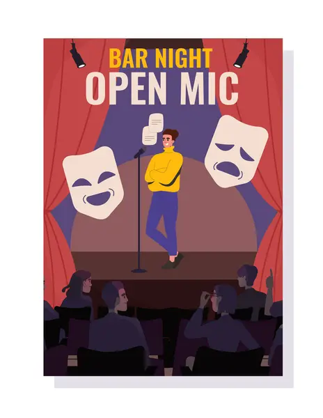 stock vector Bar night open mic concept. Man stands at scene. Satnd up wit microphone. Entertainment and cultural leisure. Humorist at stage. Cartoon flat vector illustration isolated on white background
