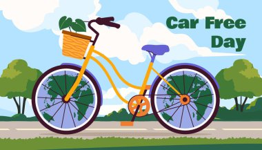 Arabasız gün posteri. Saksısı olan bir bisiklet. Çevre dostu nakliye aracı. Şehir parkında bisiklet. Doğayı ve çevreyi önemse. Uluslararası tatil ve festival. Çizgi film düz vektör çizimi