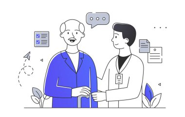 Bakıcı basit şekilde yardım eder. Sağlık ve ilaç, tedavi. Büyükbabaya destek ve yardım. Doktor ve yaşlı adam. Beyaz arkaplanda karalama düz vektör çizimi izole