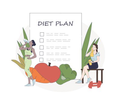 Diyet planı basit olan kadınlar. Meyve ve suyun yanında genç kızlar. Fitness ve aktif yaşam tarzı. Kilo vermek için doğal ve organik ürünler. Beyaz arkaplanda karalama düz vektör çizimi izole