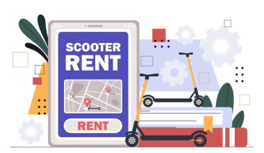 Elektrikli scooter kira konsepti. Çevre dostu nakliye aracı. Escooters kiralamak için mobil başvuru formu. Modern şehir ulaşımı. Çizgi film düz vektör çizimi beyaz arkaplanda izole edildi