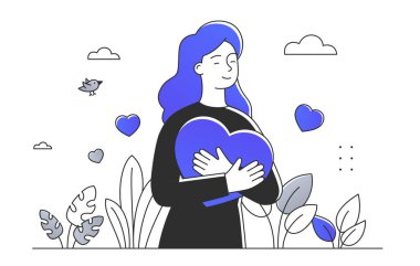 Kadın kendini basit hissediyor. Genç kız mavi herata sarıldı. Pozitif beslenme ve duygular. Akıl sağlığı ve psikoloji. Beyaz arkaplanda karalama düz vektör çizimi izole