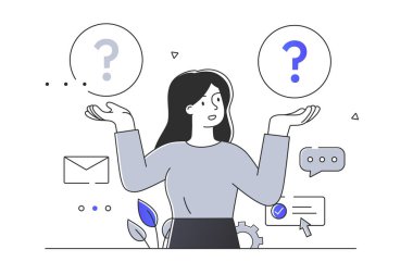 Kadınlar basit seçimler yapar. Soru işareti olan genç bir kız. Çözümü ve kararı olan bir iş kadını. Girişimci karar verir. Beyaz arkaplanda karalama düz vektör çizimi izole