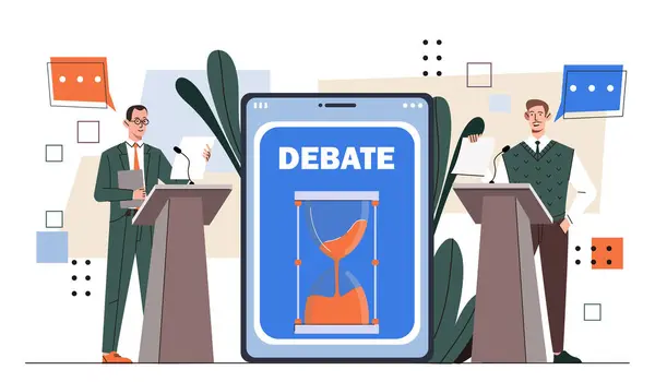 Political Debates Concept Two Men Speakers Microphones Candidates Preelection Campaign — Stock Vector