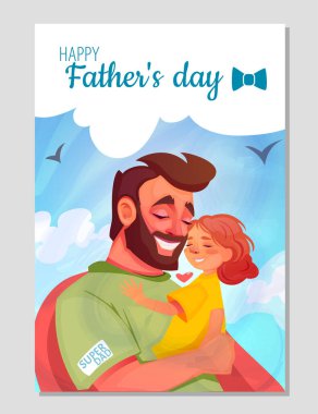 Mutlu Babalar Günü posteri. Sevimli, gülümseyen süper kahraman baba küçük kızına sarılıyor. Baba çocuğuna sevgi gösteriyor. Hoş bir tebrik kartı. Çizgi film düz vektör çizimi arkaplanda izole edildi