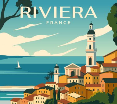 Seyahat yeri posteri. Fransız Riviera reklam afişi. Deniz, sahil ve geleneksel Avrupa mimarisi ile güzel bir manzara. Turizm ve yaz tatili. Çizgi film düz vektör çizimi