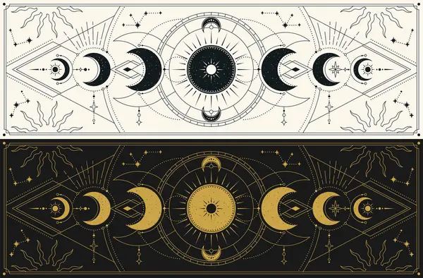 Ay evreleri. Kutsal ay aktiviteli bir dizi mistik çizim. Gizemli geometrisi, hilal ve ay evreleri olan sihirli astrolojik semboller. Çizgi film düz vektör illüstrasyon koleksiyonu
