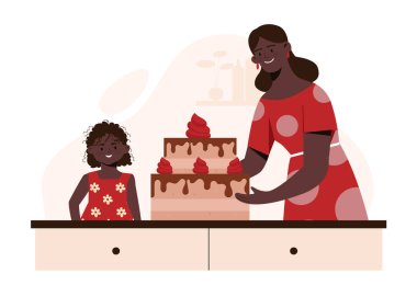 Pasta hazırlama süreci konsepti. Anne ve kızı tatlı ve lezzete yakın. Kadın ve kız tatlı ürünler pişiriyor. Küçük yardımcı ve asistan. Çizgi film düz vektör çizimi