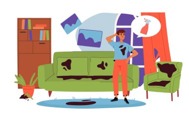 Kirli oda konsepti olan adam. Genç adam dağınıklık ve kaosla apartman dairesinde duruyor. Kanepede ve yerde toprak lekeleri var. Ev işleri, rutin işler, temizlik. Çizgi film düz vektör çizimi