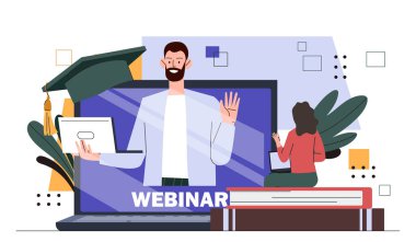 Eğitimsel webinar dijital. Ekranda dizüstü bilgisayarı olan adam. Uzaktan eğitim, eğitim. Dersler ve yüksek lisans sınıfı, internet konferansı. Çizgi film düz vektör çizimi
