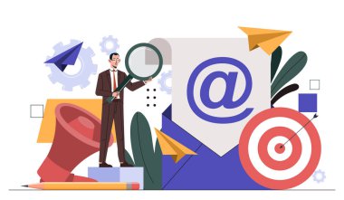 Pazarlamada iş adamı. Büyüteçle ve zarfla mektup yazan girişimci. İnternet ve sosyal ağlarda promosyon, elektronik ticaret. Çizgi film düz vektör çizimi