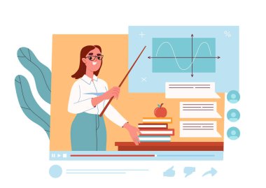 İnternetten ders veren kadın öğretmen. Grafik ve diyagramı olan işaretli tahtası olan genç bir kız. Uzaktan eğitim, eğitim, öğrenme. İnternetteki kurslar. Çizgi film düz vektör çizimi
