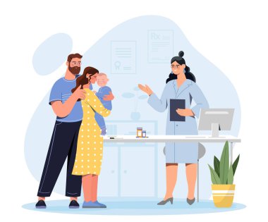 Çocuk doktoru atama konsepti. Doktor aileyle ve çocukla konuşur. Sağlık ve tedavi, teşhis. Ebeveynler ve çocuklar için danışmanlık ve danışmanlık. Çizgi film düz vektör çizimi