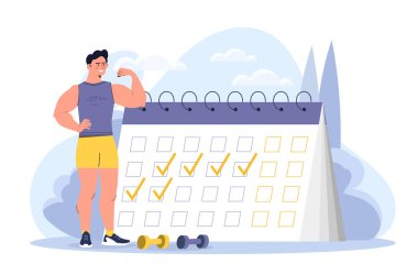 Düzenli eğitim programı konsepti. Takvim ve dambılların yanında pazılarını göster. Aktif yaşam tarzı ve spor. Spor ve spor, egzersiz. Çizgi film düz vektör çizimi beyaz arkaplanda izole edildi