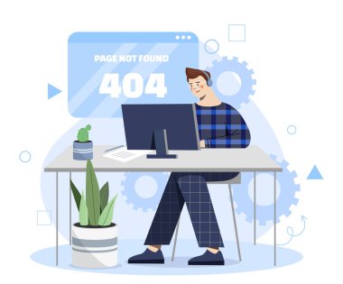 Mola konsepti istiyorum. Kulaklıklı adam bilgisayarın başında oturuyor. Müşteriler ve kullanıcılar için teknik destek. Programcı ve bilişim uzmanı. Çizgi film düz vektör çizimi beyaz arkaplanda izole edildi