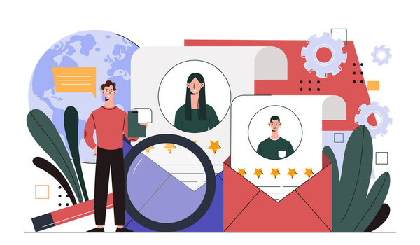 Концепция управления работой. Человек с увеличительным стеклом рядом с конвертами с резюме. Управление временем и организация эффективного рабочего процесса. Мультфильм с плоским вектором
