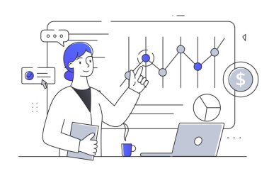 Pazarlama veri analizi doğrusal. Grafikleri ve diyagramları olan bir kadın. İstatistik ve bilgi grafikleri, veri görselleştirmesi. Çizelgeleri olan genç bir kız pazarlama araştırması yapıyor. Doodle düz vektör çizimi