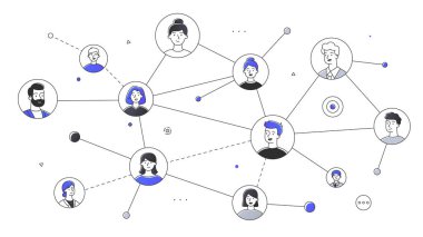 Sosyal ağ küresel yapı doğrusal. Kurye ve sosyal medyada iletişim. Kullanıcı Görselleri. Uzaktan etkileşim. İnternette sohbet ve tartışma. Doodle düz vektör çizimi