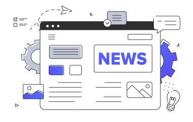 Haber sayfası doğrusal. Gazetelerin ve bilgilerin olduğu bir site. İçinde resimler olan kitlesel medya makalesi. İnternetteki bilgiler. Beyaz arkaplanda karalama düz vektör çizimi izole