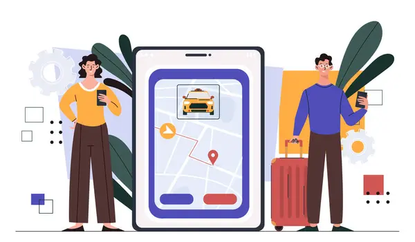 Gpsナビゲーションのコンセプト スマートフォンと都市マップを持つ男性と女性 旅行と観光について タクシーのルートを持つ荷物と少女 白い背景に隔離された漫画の平らなベクターのイラスト — ストックベクタ