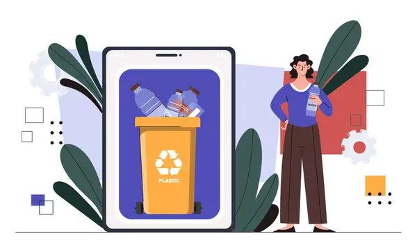 プラスチック汚染問題 ペットボトルでゴミ箱に近い女性 リサイクル リユース 自然と環境 環境を大切にする 白い背景に隔離された漫画の平らなベクターのイラスト — ストックベクタ