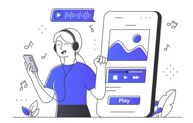 Müzik elemanları ve arayüzle çevrili akıllı telefon kullanan bir kız karakterin vektör çizimi. Modern düz çizgi film vektör çizimi
