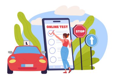 Yol işaretleri ve arabası olan dev bir akıllı telefondan online sürüş testi alan bir kadın, arka planda vektör çizimi, e-öğrenme kavramı. Düz vektör illüstrasyonu