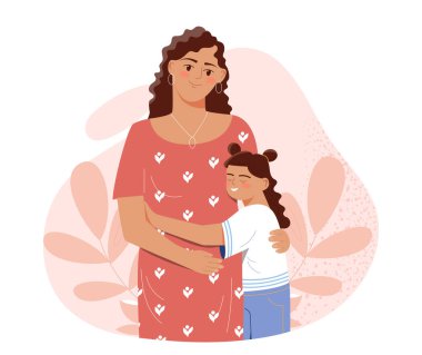 Bir anne ve kızın kucaklaşmasının bir göstergesi, arka planda pembe botanik unsurlar ve bir kalp deseni ile, sevgi ve aile iletiliyor. Vektör illüstrasyonu