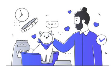 Sevgi ve zaman simgelerine sahip bir kediyi okşayan bir adam, basit bir arkaplanda vektör çizimi, arkadaşlığı ve günlük rutini ifade eden bir adam. Düz vektör illüstrasyonu