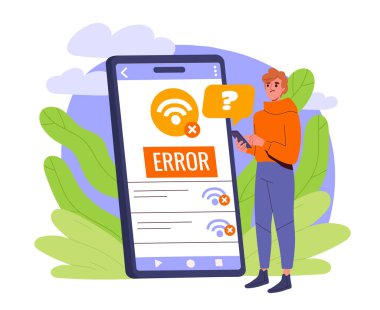 Büyük bir akıllı telefon ekranındaki bir hata mesajıyla kafası karışmış bir insan, doğal, yapraklı bir arka plandaki vektör çizimi, teknoloji sorunları kavramı. Vektör illüstrasyonu