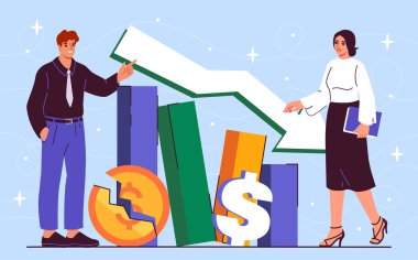 Finansal çöküş çizelgesinin yanında erkek ve kadın karakterler, mavi arka planda vektör çizimi, iş başarısı kavramı. Düz çizgi film vektör çizimi