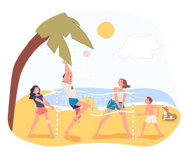 İnsanlar plajda palmiye ağacı, güneş ve köpekle voleybol oynuyorlar, arka planda, boş zaman ve spor kavramını aktarıyorlar. Düz vektör illüstrasyonu