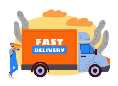 FAST DELIVERY metni olan bir minibüsün yanında paketi olan teslimatçı, arka planda çizimler, hızlı nakliye hizmeti kavramı. Düz vektör illüstrasyonu